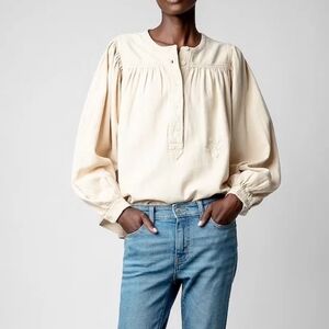Zadig & Voltaire Tigy Cotton Twill Embroidere Long Sleeve Blouse $328, Sz S New!